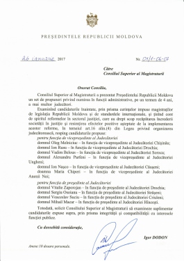 Președintele Republicii Moldova a decis promovarea în funcțiile de președinte și vicepreședinte a instanțelor judecătorești nou-formate, a unor candidați, înaintați de CSM