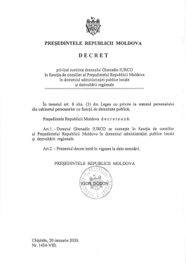 Igor Dodon l-a numit pe Ghenadie Iurco în funcția de consilier în domeniul administrației publice locale și dezvoltării regionale