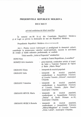 Președintele Maia Sandu a conferit titluri onorifice mai multor personalități ale culturii din Republica Moldova