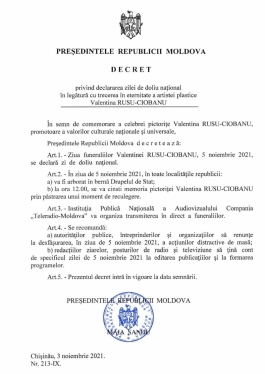 Пятница, 5 ноября, объявлена днем национального траура в связи с прощанием с художницей Валентиной Русу-Чобану