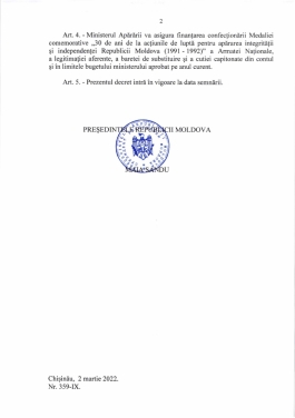 Была учреждена Памятная медаль „30 de ani de la acțiunile de luptă pentru apărarea integrității și independenței Republicii Moldova (1991-1992)”