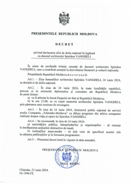 Ziua de 24 iunie - declarată zi de doliu național, în legătură cu funeraliile scriitorului Spiridon Vangheli